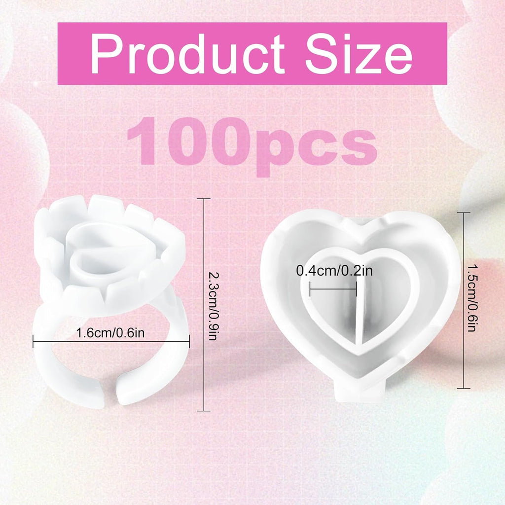 NXJ INFILILA Glue Rings for Eyelash Extensions 100PCS Disposable Rings for Lashes Lovely Heart Shape, Makeup Plastic Nail Art Glue Cups Lash Extension Supplies for Eyelash Extensions White