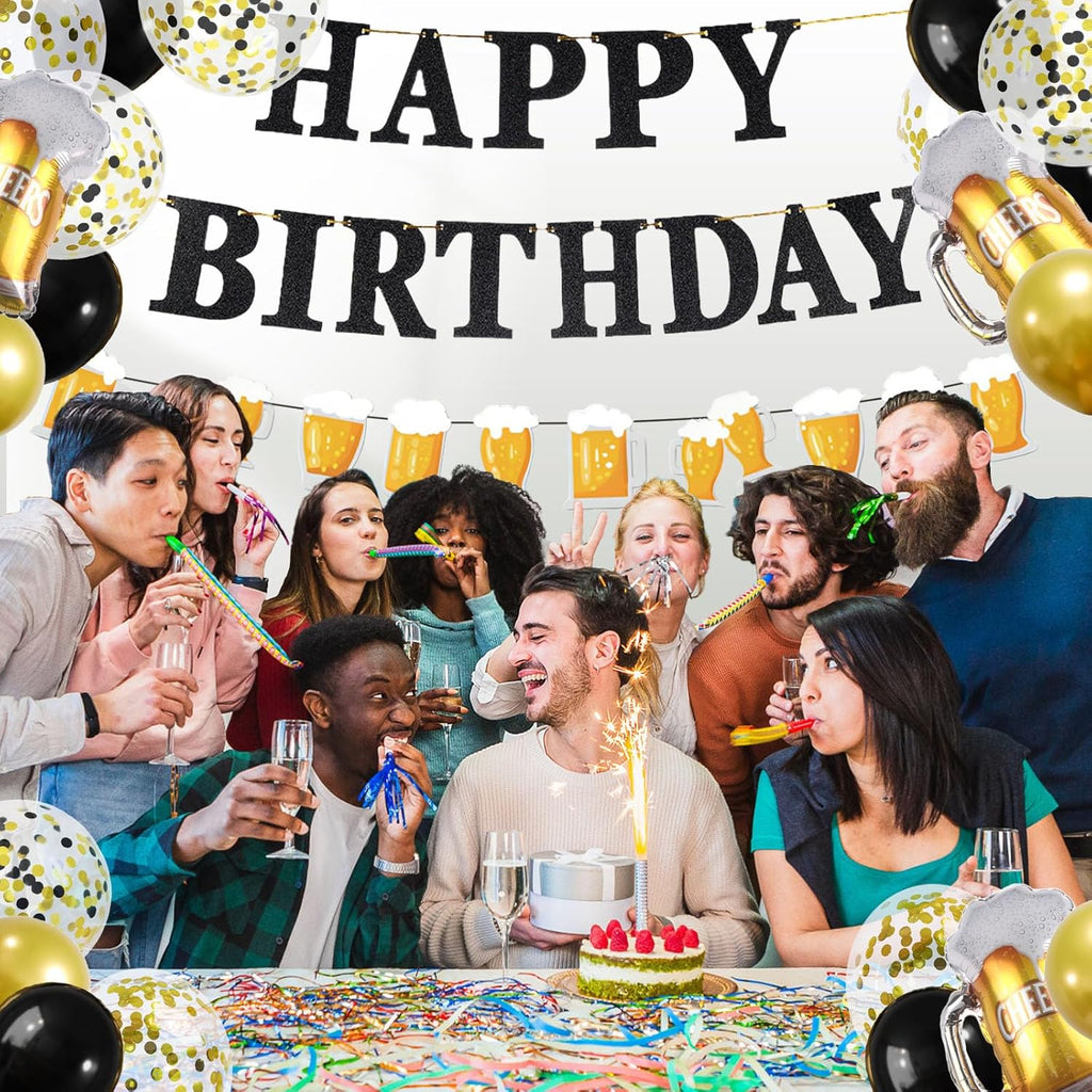 Black Gold Birthday Party Decorations Set - Happy Birthday Banner, Balloons, Latex Balloons, Themed Party Supplies for Men, Women