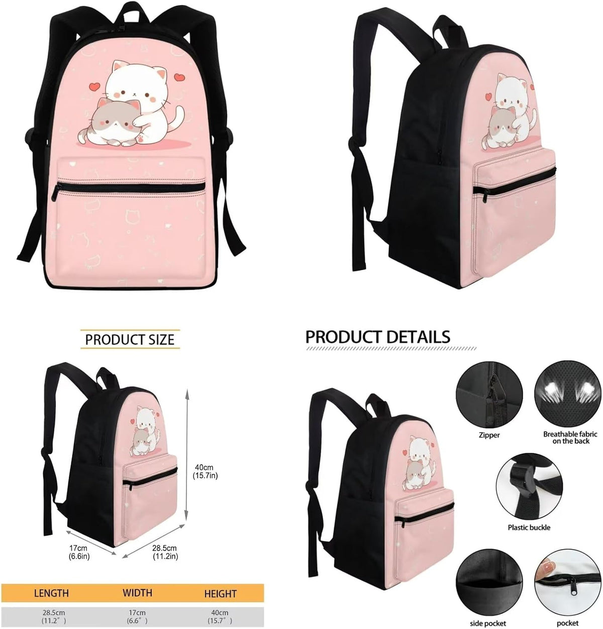 Kawaii Cat Backpack Girls Kids School Bag with Lunch Bag