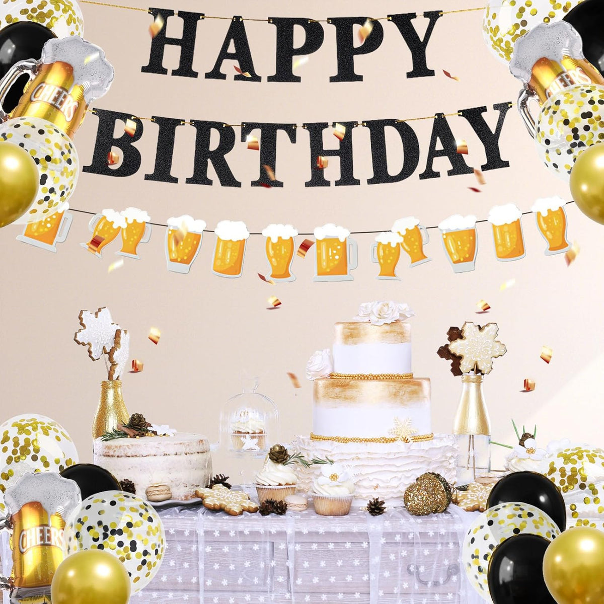 Black Gold Birthday Party Decorations Set - Happy Birthday Banner, Balloons, Latex Balloons, Themed Party Supplies for Men, Women