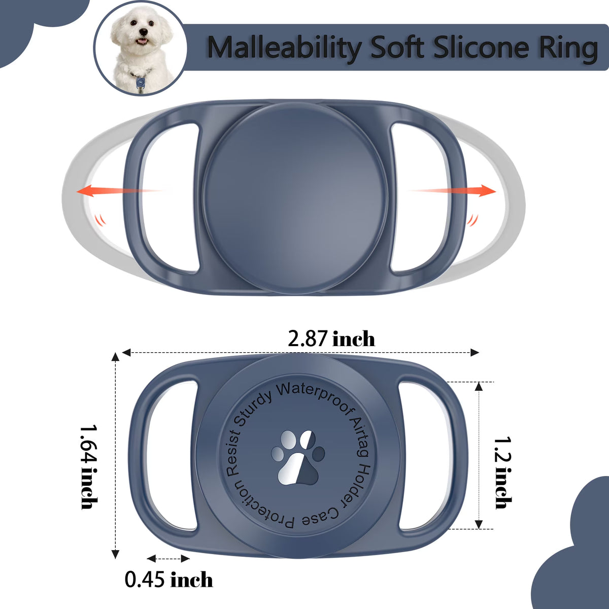 Airtag Dog Collar Holder, [1 Pack] Waterproof Airtag Case for Dog Collar, TPU & Silicone Full Body Covered Anti-Lost Apple Air Tag Collar Holder Airtag Case for Pet Collar Backpack, Navyblue