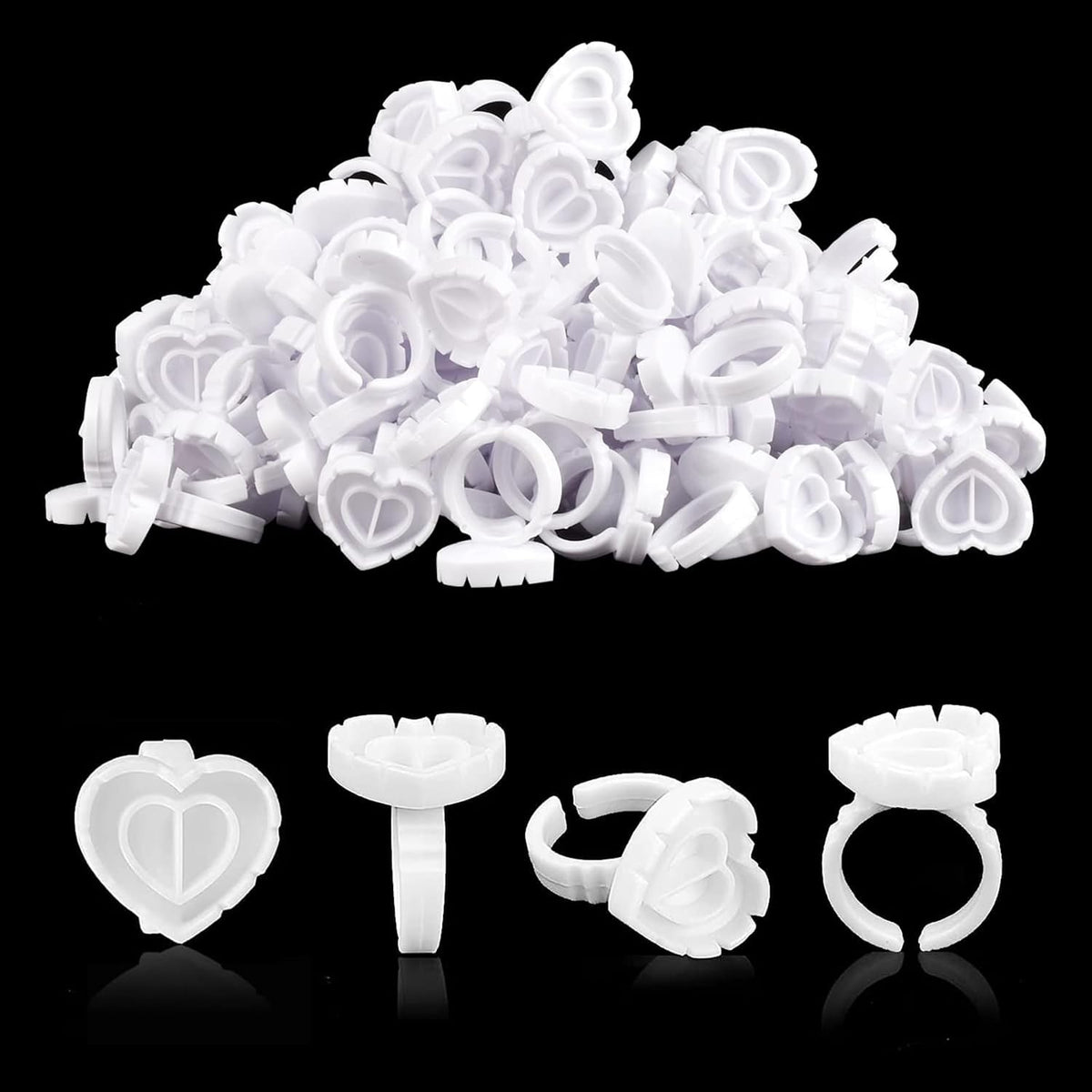 NXJ INFILILA Glue Rings for Eyelash Extensions 100PCS Disposable Rings for Lashes Lovely Heart Shape, Makeup Plastic Nail Art Glue Cups Lash Extension Supplies for Eyelash Extensions White