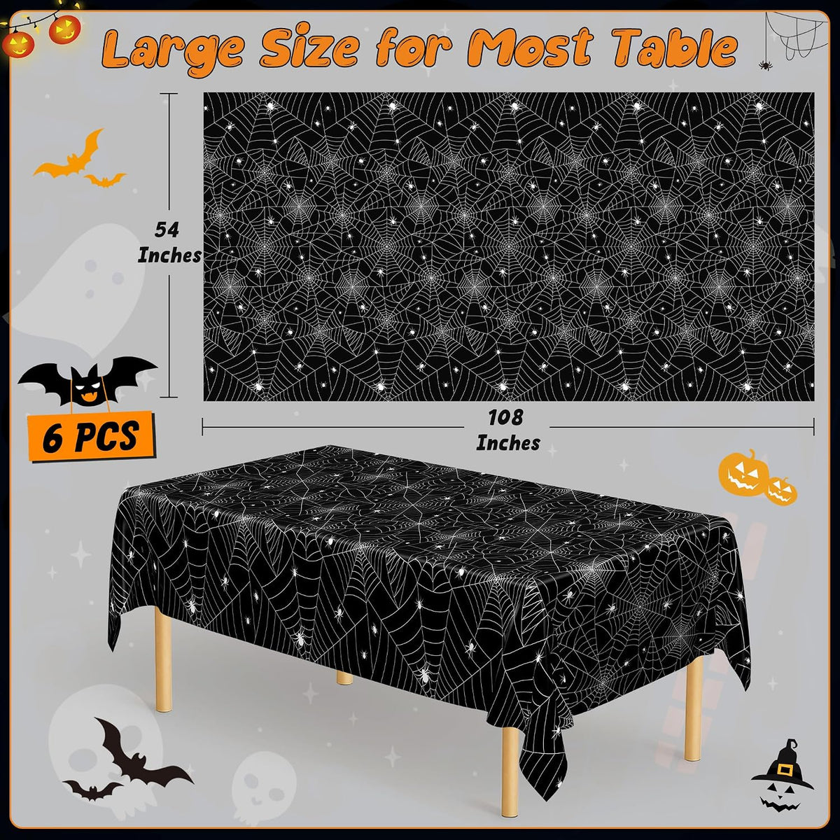 6 Pack Spiderweb Tablecloth 54" X 108" Halloween Table Cloths Disposable
