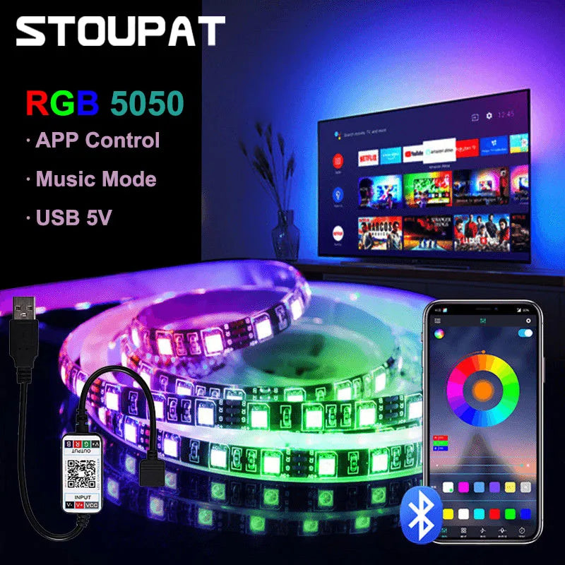 5050 RGB LED Strip Light Bluetooth App Control 5V USB Lamp Tape Flexible Ribbon Diode Tape for TV Backlight Room Decoration