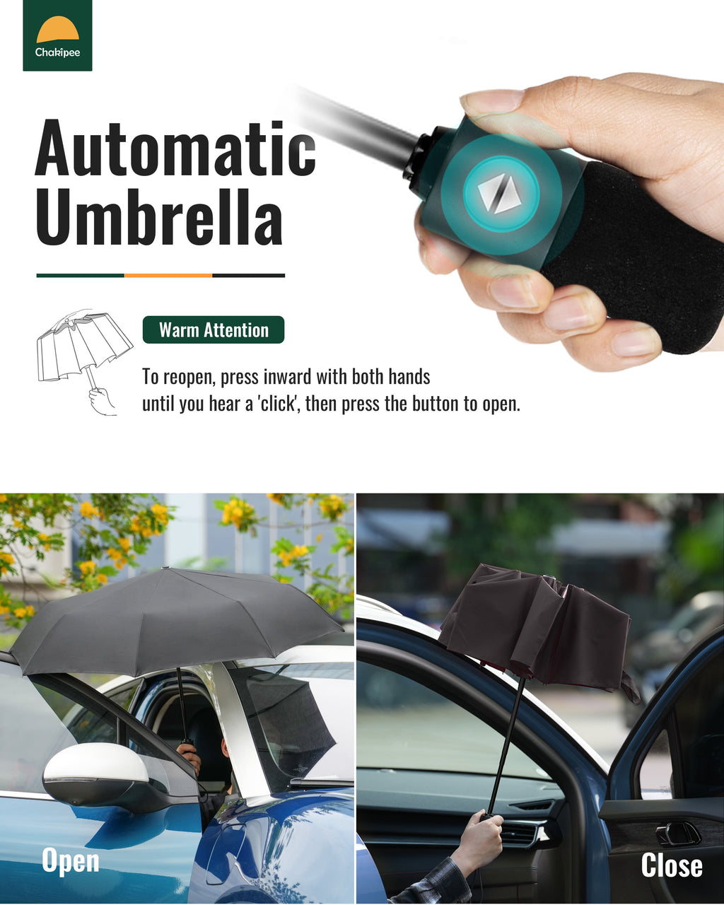 Chakipee Travel Compact Umbrella Windproof - Portable Automatic Umbrellas for Rain,8 Ribs Folding Umbrella,Portable 210T Fabric 97Cm Span,Black