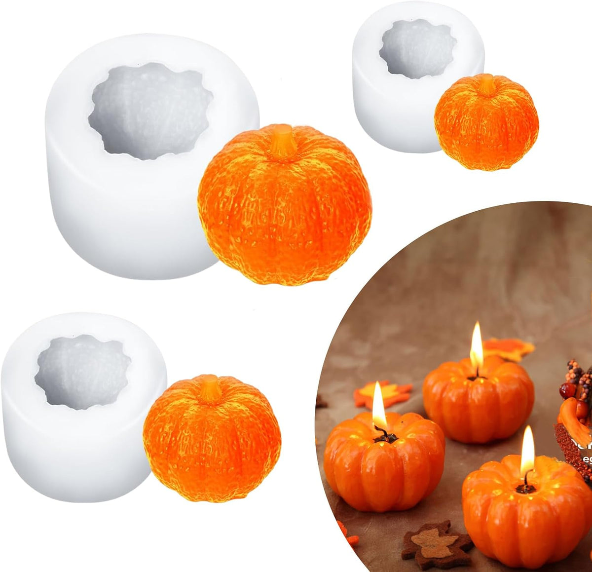(3 Pack) Pumpkin Candle Molds,Thanksgiving Silicone Mold Fall Pumpkin Silicone Mold for Candles, Soap, Jelly, Chocolate and Home Crafts Decoration