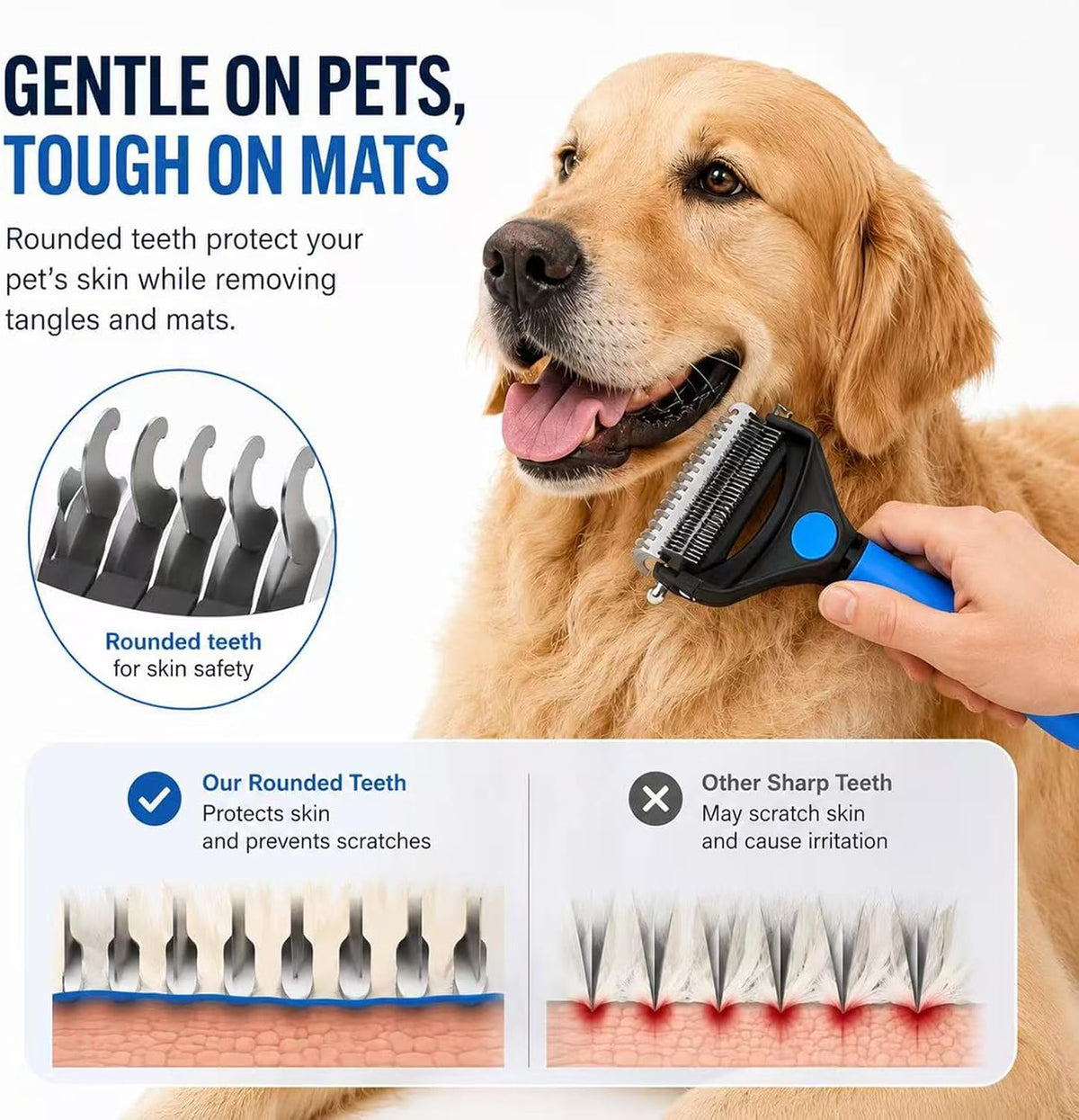 Deshedding Dog Brush，3-In-1 Undercoat Rake for Dogs (Blue)