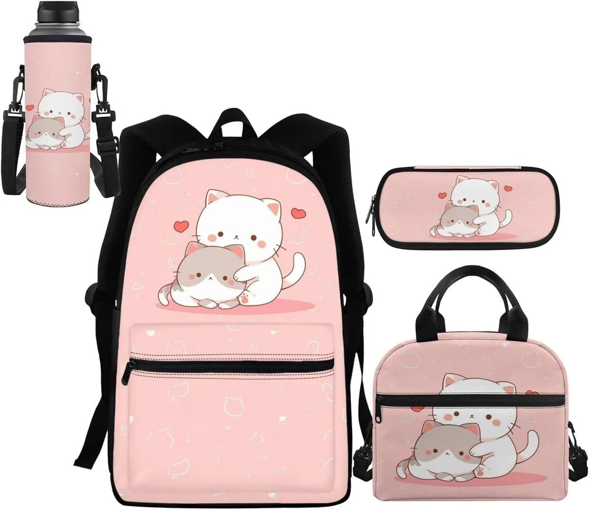 Kawaii Cat Backpack Girls Kids School Bag with Lunch Bag