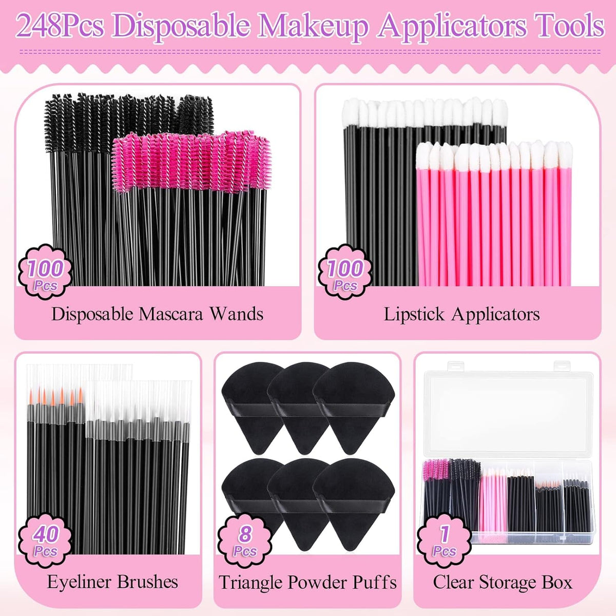 248 Pcs Disposable Makeup Applicators with Triangle Puffs, Mascara Wands, Lip/Eyeliner Brushes Disposable Makeup Applicator Kit for Makeup Artist Supplies