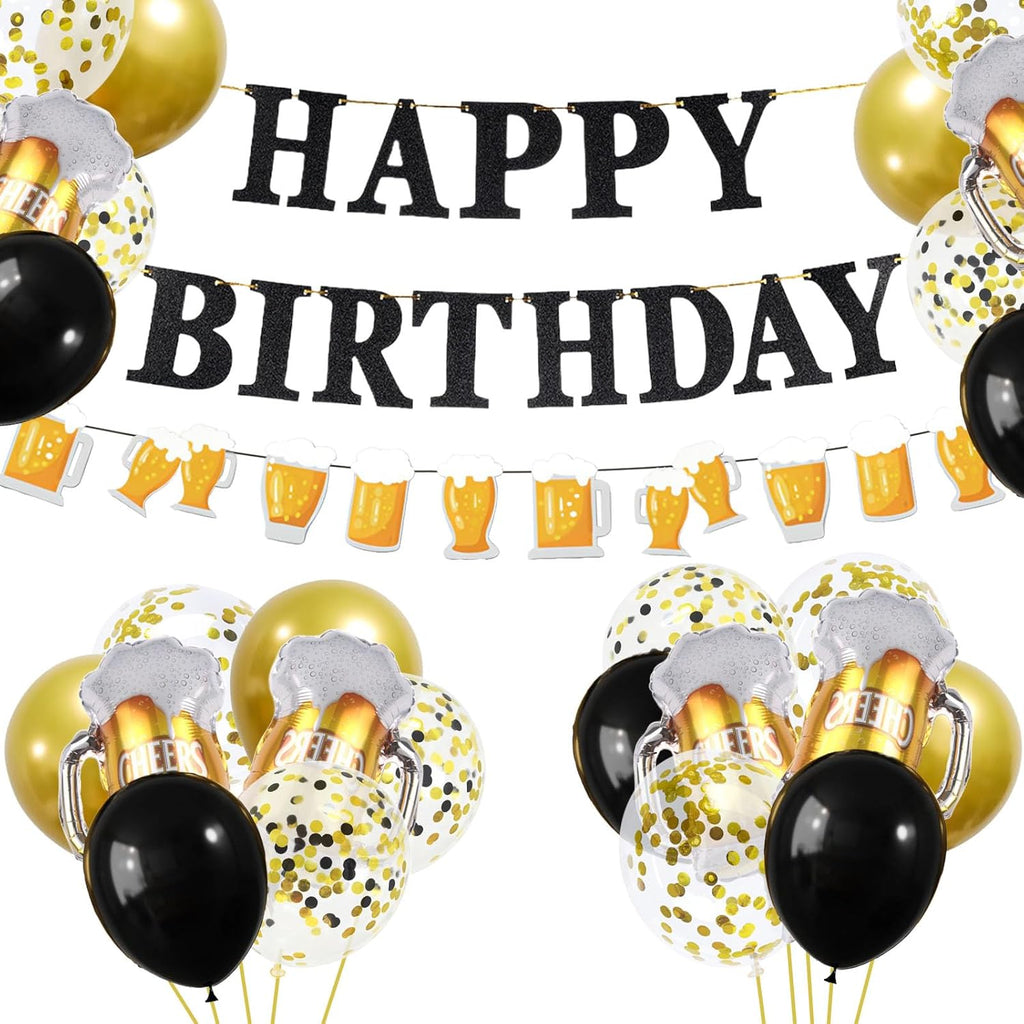 Black Gold Birthday Party Decorations Set - Happy Birthday Banner, Balloons, Latex Balloons, Themed Party Supplies for Men, Women