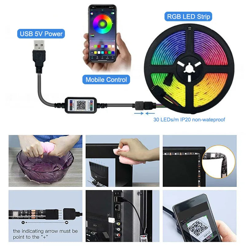 5050 RGB LED Strip Light Bluetooth App Control 5V USB Lamp Tape Flexible Ribbon Diode Tape for TV Backlight Room Decoration
