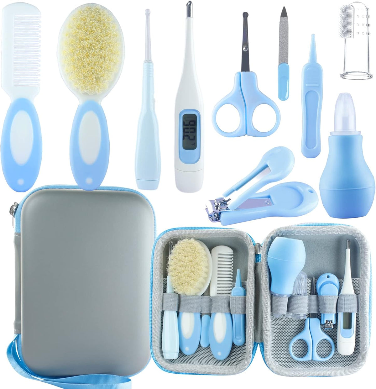 Baby Grooming Kit, Baby Essentials for Newborns, Portable Baby Care Kit, Contains Baby Nail Clippers, Baby Comb, Baby Brush, Baby Ear Wax Removal Tool and More (10 in 1) (Blue)