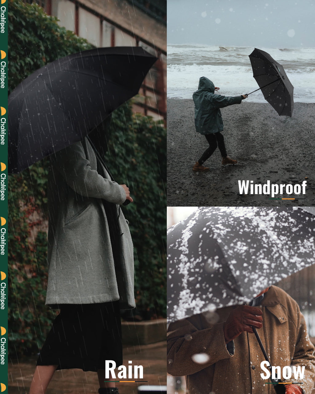 Chakipee Travel Compact Umbrella Windproof - Portable Automatic Umbrellas for Rain,8 Ribs Folding Umbrella,Portable 210T Fabric 97Cm Span,Black