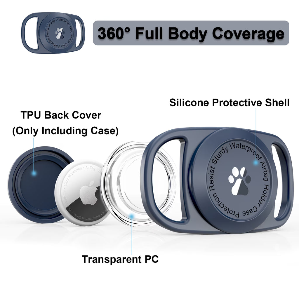 Airtag Dog Collar Holder, [1 Pack] Waterproof Airtag Case for Dog Collar, TPU & Silicone Full Body Covered Anti-Lost Apple Air Tag Collar Holder Airtag Case for Pet Collar Backpack, Navyblue