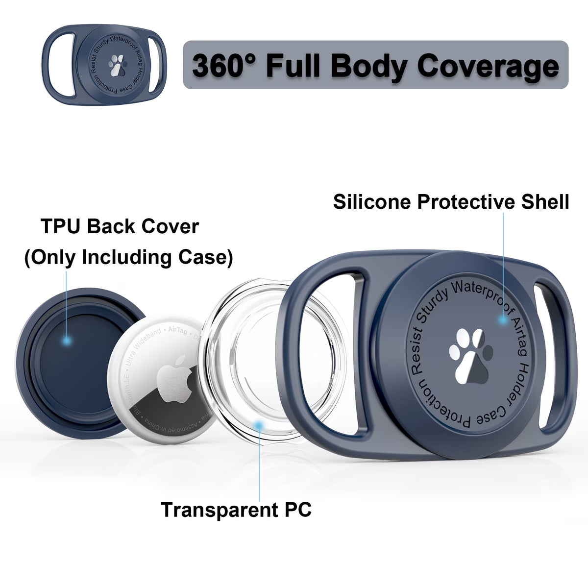 Airtag Dog Collar Holder, [1 Pack] Waterproof Airtag Case for Dog Collar, TPU & Silicone Full Body Covered Anti-Lost Apple Air Tag Collar Holder Airtag Case for Pet Collar Backpack, Navyblue