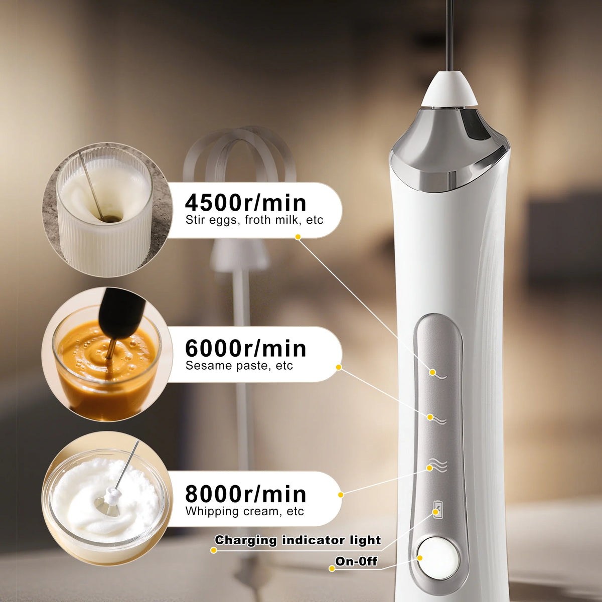 Electric Milk Frother, Rechargeable Handheld Electric Milk Frother with 2 Heads and 3 Speeds, White