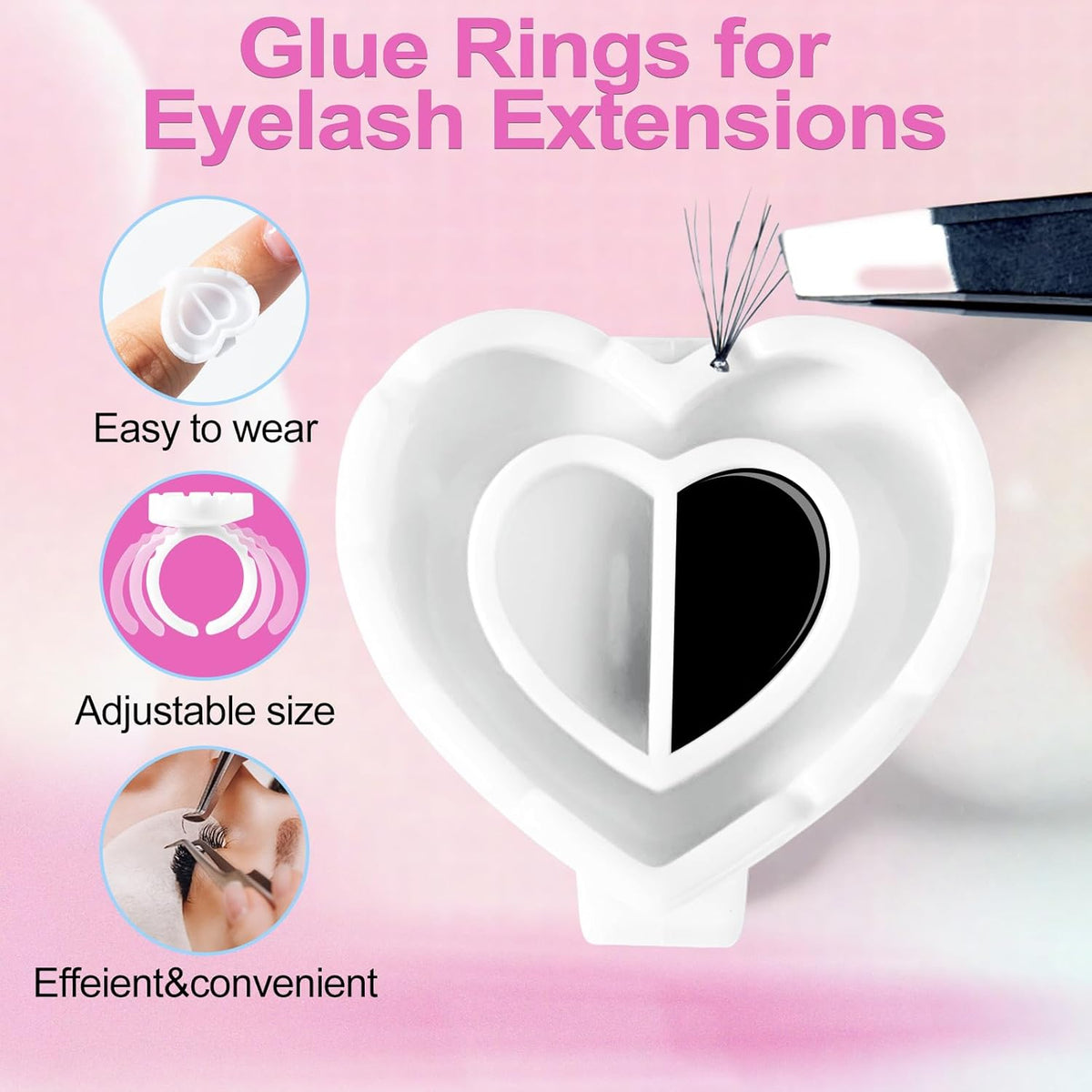 NXJ INFILILA Glue Rings for Eyelash Extensions 100PCS Disposable Rings for Lashes Lovely Heart Shape, Makeup Plastic Nail Art Glue Cups Lash Extension Supplies for Eyelash Extensions White